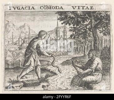 Un pescatore prende un tubo flessibile; Fugacia Comoda Vitae; Denis Lebey de Batilly, emblemata, 1596. Due pescatori si siedono sulla riva di un fiume. Il giudice ottiene un pesce da una trappola. La sinistra tiene un serpente nelle mani. Accanto a lui c'è un cesto di pesce. Una città con una grande cattedrale può essere vista nell'aspetto. Foto Stock