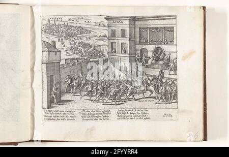 Matrimonio di Turenne e l'assunzione di Stenay, 1591; Serie 4: Francese, tedesco e inglese eventi, 1576-1610. Matrimonio di Henri, Vicomte de Turenne con Charlotte de la Marck a Sedan e l'assunzione di Stenay, 27 ottobre 1591. Faccia all'interno del palazzo con le feste di nozze, in alto a sinistra le truppe di Astenay. Con didascalia di 12 regole in tedesco. Senza numero. Foto Stock