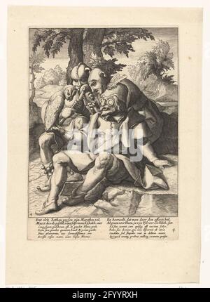 Ognuno crede che il suo gufo sia un falco; Proverbi a Karel van Mander. Un uomo si siede sul pavimento e guarda attraverso i suoi occhiali al gufo sulla sua mano (e pensa di vedere un falco). Dietro di lui due narren con un marot (narrestaph) in mano. L'immagine proverbo il pensiero fuori che tutti pensano di avere il meglio o essere. Sotto la mostra un olandese fresco e un latino esplicativo fresco da Franco Estius. Foto Stock