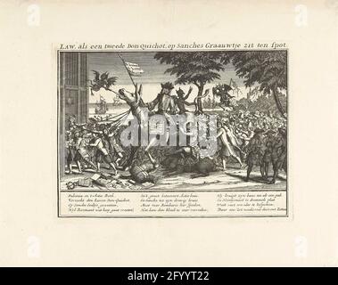 Giovanni Legge sull'asino di Sancho Panza, 1720; Legge, come un secondo Don Chisciot, seduto su Sanches Graauw; la grande scena della follia. Cartoon su John Law guidare come secondo Don Quichotte sull'asino di Sancho Panza, 1720. Il diavolo prende la coda dell'asino, facendo azioni fuori dalla parte posteriore. I rivenditori di vento attirano l'asino verso Coffeehouse Quincampoix. In primo piano Bombario su un sentiero. Nella didascalia un versetto in tre colonne. Stampa 24 nella serie di grandi scene di follia con stampe di cartring al commercio del vento o al commercio di azione di 1720. Foto Stock