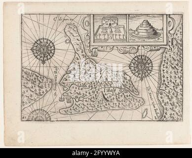 Mappa di Bali, 1597. Biglietto dall'isola di Bali, 1597 febbraio. In cima un cartiglio con due strutture: A sinistra un edificio con un giardino murato, a destra uno stupa. Non appartiene alle illustrazioni originali nel travelogue del primo Schipvaert di Cornelis de Houtman alle Indie Orientali nel 1595-1597. N. 41. Foto Stock