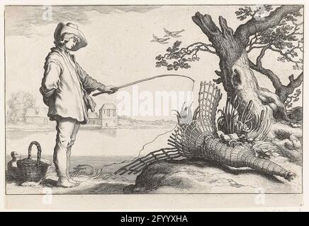 Il giovane pescatore; quattro scene pastorali. Un giovane si trova accanto a un cesto e una caraffa sul bordo di un lago e si piega leggermente in avanti su una lenza da pesca. Sulla destra si trova un albero sotto il quale si trova un trogolo. Il pescatore ha gettato fuori la sua verga, ma non sa che cosa sta facendo. La pesca era un simbolo diffuso dell'attività amorosa, basata sulla nozione di esca inaffidabile. La trappola rappresenta la caduta dell'amore qui. Foto Stock