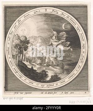 Quarto giorno della creazione: Dio crea il sole, la luna e le stelle; dalla creazione all'espulsione dal paradiso. Quarto giorno della creazione: Dio crea il sole, la luna e le stelle e separa così la luce delle tenebre. In medaglione con una lettera in latino da Genesi 1, all'interno di una cornice rettangolare. Foto Stock