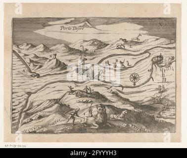 Avventure sulla terra di Porto Desire, 1615; Porto Desire; immagine di Porto Desire. Avventure sulla terra di Porto Desire (Puerto Deseado), dicembre 1615. Caccia su leoni marini, struzzi e pinguini, ricerca di acqua dolce e la scoperta di tombe. Parte delle illustrazioni della navigazione australiana di Jacob le Maire incluso in Joris Journey Report di Spilbergen al mondo, 1614-1617, No. 22. Foto Stock