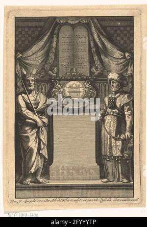 Allegoria sul vecchio e nuovo Testamento con Mosè e Aaronne; pagina del titolo per: Lo Zoo di Heylige Historien del vecchio come nuovo Testamento, Amsterdam. Allegoria sul vecchio e nuovo Testamento con glorificazione delle tavole della legge e l'arca dell'alleanza su un piedistallo. Mosè e Aaronne, come sommo sacerdote, si levano su entrambi i lati. Foto Stock