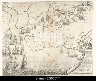 Mappa della bocca del Tamigi con il viaggio a Chatham, 1667. Mappa della foce del Tamigi sulla quale il viaggio a Chatham è stato indicato dalle navi della flotta statale sotto Admiraal de Ruyter, 20-23 giugno 1667. A sinistra la lotta intorno a Sheerness, sopra le navi olandesi sul fiume Medway. In basso a destra un leone su un piedistallo su cui la leggenda A-V. Foto Stock