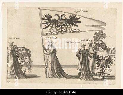 Parte della processione, n. 22; processione funebre dell'imperatore Carlo V, 1558. Quattro partecipanti alla sfilata, cavalli e una bandiera imperiael. Parte della stampante della processione funebre dell'imperatore Carlo V il 29 dicembre 1558 a Bruxelles. Foto Stock