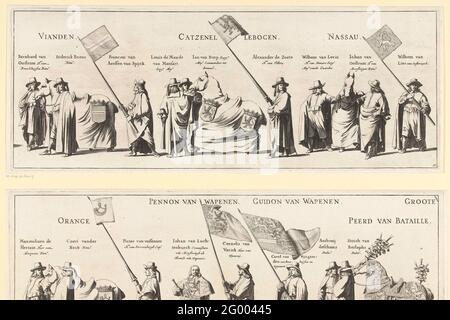 La processione funeraria di Frederik Hendrik (piatto n. 17), 1647; la processione funeraria di Frederik Hendrik in 's-Gravenhage nel 1647; Syne Hoogheyt Frederick Henrick, di der Graatien Principe d'Orange di Dio, tomba di Nassau & c. La processione funeraria dello Stadholder Frederik Hendrik in 's-Gravenhage il 10 maggio 1647. 17 con parte della processione con i portacolori e tre cavalli, sopra la gente sono il loro nome e la loro funzione. Parte di una serie di 30 piastre e 20 fogli di testo, destinati ad essere attaccati insieme. Foto Stock