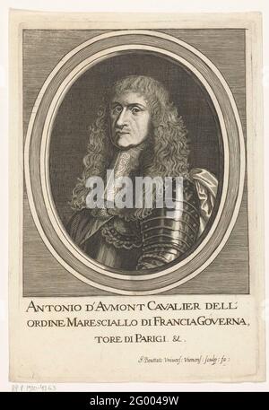 Ritratto di Antonio d'Aumont; Antonio d'Aumont. Ritratto in una lista ovale di Antonio d'Aumont, Maresciallo di Francia e Governatore di Parigi. Busto a sinistra .. D'aumont indossa una imbracatura. La stampa ha una didascalia italiana con il nome della persona raffigurata. Foto Stock