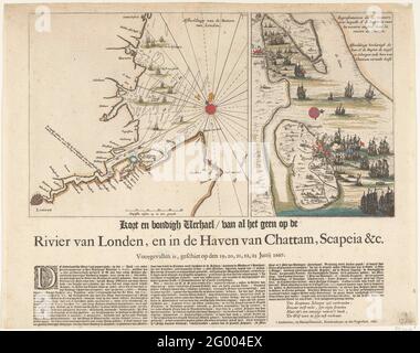 The Dutch RAID on the Medway, 1667. Foglio con due spettacoli durante il viaggio a Chatham il 20-23 1667 giugno dalla flotta statale sotto l'ammiraglio de Ruyter. Sulla sinistra una mappa della costa orientale inglese e la foce del Tamigi. Sulla destra le navi olandesi sul Tamigi e Medway e i combattimenti all'isola di Sheppey e i luoghi Sheerness e Chatham. Sulla pala sotto la mostra una descrizione in 3 colonne. Foto Stock