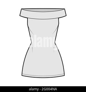 Abito off-the-shoulder Bardot illustrazione tecnica moda con sleeveless, corpo montato, mini lunghezza gonna a matita. Parte anteriore dell'abbigliamento piatto, colore grigio. Donne, uomini unisex CAD mockup Illustrazione Vettoriale