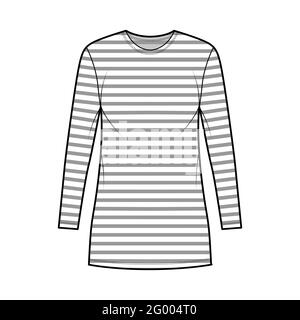 Abito marinaio illustrazione tecnica moda con strisce, maniche lunghe, corpo oversize, mini lunghezza gonna a matita. Parte anteriore dell'abbigliamento piatto, colore bianco. Donne, uomini unisex CAD mockup Illustrazione Vettoriale