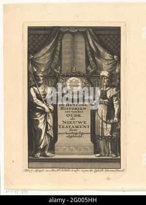 Allegoria sul vecchio e nuovo Testamento con Mosè e Aaron; pagina del titolo per: Lo Zoo di Heylige Historien del vecchio come nuovo Testamento, Amsterdam; lo zoo storico del vecchio come un nuovo testamento. Allegoria sul vecchio e nuovo Testamento con glorificazione delle tavole della legge e l'arca dell'alleanza su un piedistallo. Mosè e Aaronne, come sommo sacerdote, si levano su entrambi i lati. Una seconda piastra con un'altra pagina del titolo viene stampata sulla foglia. Foto Stock