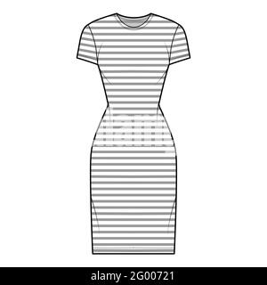 Abito marinaio illustrazione tecnica moda con strisce, maniche corte, corpo calzato, gonna a matita lunghezza ginocchio. Parte anteriore dell'abbigliamento piatto, colore bianco. Donne, uomini unisex CAD mockup Illustrazione Vettoriale