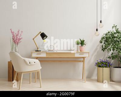 Interno scrivania da ufficio con parete bianca mokup, rendering 3d Foto Stock