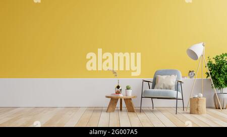 Interni moderni e minimalisti con una poltrona su pareti bianche e gialle vuote Rendering background.3D Foto Stock