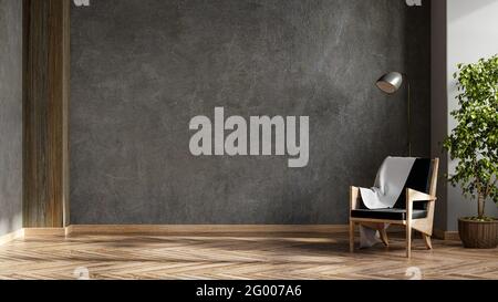 Poltrona e lampada in pelle nera nell'interno del soggiorno con plant,concrete wall.3d rendering Foto Stock