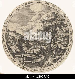 Abramo dissipa Hagar e Ismaël; la storia della vita di Abramo. Abramo invia Hagar e suo figlio Ismaël. Sulla destra su una collina si trova Hagar. Non ha più acqua. Un angelo la punta a una fonte e la salva. Stampa da una serie di sei stampe che raffigurano la storia di vita di Abramo sul padre Aartsfather. Foto Stock