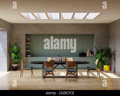 Design moderno degli interni della sala da pranzo con pareti in cemento e rendering 3d Foto Stock