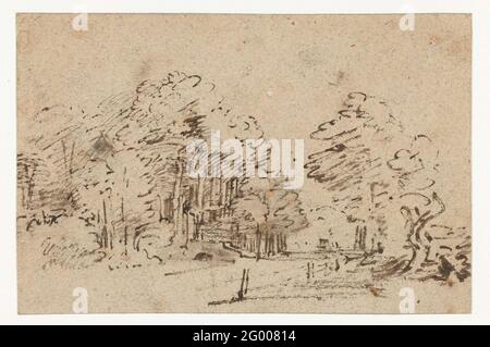 L'Amstelveenseweg fuori Amsterdam. Un inventario dei possedimenti di Rembrandt è stato redatto quando ha dichiarato fallimento nel 1656. In esso è stato menzionato un grande gruppo di disegni paesaggistici ‘naer ’t leven’ (dalla vita). E, in effetti, sulla base dei disegni di Rembrandt possiamo seguire l’artista nelle sue passeggiate nella campagna intorno ad Amsterdam. I piccoli pali che separano la strada dal sentiero sull'Amstelveenseweg sono evidenti in questo disegno abbastanza tardi. Foto Stock