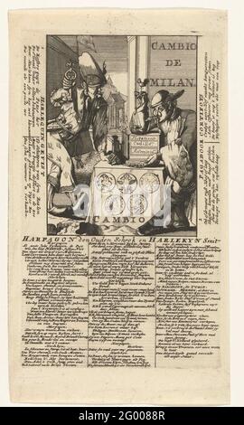 Cambio ufficio di Lodewijk XIV, 1706; Harpagon Den Ouden Schrok e Harlekeyn Smit / Cambio De Milan; Royal Almanach dal 1701 / 't Lusthof da Momus. Ufficio di cambio di Milano in cui Re Luigi XIV (Harpagon) sta crescendo denaro per Harlequin che sta per lui, mascherato e con una chiave in mano. Con versetti in olandese nel piatto sottostante e su entrambi i lati dello spettacolo. Parte di una serie di 19 cartoni animati sui francesi e alleati dall'anno 1706. Foto Stock