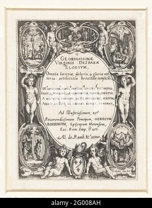 Cartouche con testo circondato da putti e scene della vita di Maria; Gloriosisimae virginis dei parae elogium. Cartouche ovale con testo latino, intorno al quale sei putti, cinque medaglioni con scene della vita di Maria e uno stemma. Le scene narrative si riferiscono dall'alto a destra del basso a destra (senso antiorario): Nascita di Maria, nascita di Cristo, Crocifissione, Cristo appare dopo la sua morte a Maria, Ascensione e Coronazione di Maria. Foto Stock