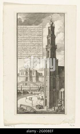 Dimostrazione delle irroratrici da surf per serpenti sul Westertoren ad Amsterdam, circa 1700. Dimostrazione dell'uso degli spruzzatori antincendio a tubo flessibile nel Westernoren di Amsterdam, ca. 1700. Sullo sfondo un incendio in un palazzo. In un cartouche a sinistra la dichiarazione delle lettere A-F in olandese. Firma in alto a destra: 2. Piatto 24 nella ristampa del libro Fire spa di Jan van der Heyden del 1735. Foto Stock