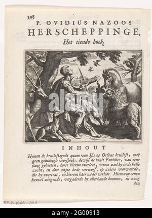 Orfeo incanta gli animali con la sua musica; Herchepinge di Publio Ovidius naso. Pagina da un libro con testo su recto e verso e un'immagine all'inizio del libro 10. Orfeo gioca per gli animali a una Lira da braccio, uno strumento a corda del Rinascimento. Tutti gli animali ascoltano pacificamente e con attenzione. Foto Stock