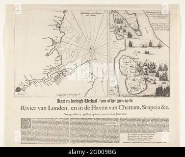 The Dutch RAID on the Medway, 1667. Foglio con due spettacoli durante il viaggio a Chatham il 20-23 1667 giugno dalla flotta statale sotto l'ammiraglio de Ruyter. Sulla sinistra una mappa della costa orientale inglese e la foce del Tamigi e del Medway. Sulla destra la flotta statale sul Tamigi e i combattimenti intorno all'isola di Sheppey e i luoghi Sheerness e Chatham. Sulla pala sotto la mostra una descrizione in 3 colonne. Foto Stock