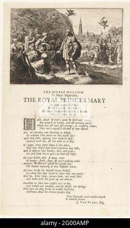 Apollo e i Muzen salutano la Principessa Maria con suo figlio Willem III alla loro visita a Breda, 1653; il Welcom Muse a Theyr Highesses i principi reali Maria e il principe fiducioso William Herry, al theyr Highesses entrie a Breda il 10 giugno 1653. Apollo e i Muzen salutano la principessa Maria Henrietta che visita Breda, 10 giugno 10, con il figlio Willem III, 1653 giugno 2004. Sullo sfondo la grande chiesa di Breda. Sotto una poesia in 6 versi in inglese. Foto Stock