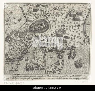 Assedio e presa di Hulst di Maurits, 1591. Assedio e presa di Hulst da parte dell'esercito di Stato tra Maurits, 25 settembre 1591. Piano di Hulst e il paese e l'acqua circostante, al fondo della flotta al porto. Con didascalia di 4 righe in latino. Numerato 207. Stampato sul retro con testo in latino. Foto Stock