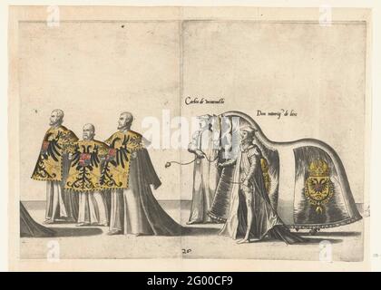 Parte della processione, n. 25 e 26; processione funebre dell'imperatore Carlo V, 1558. Cinque partecipanti alla sfilata e un cavallo decorato con l'arma imperiale. Parte della stampante della processione funebre dell'imperatore Carlo V il 29 dicembre 1558 a Bruxelles. Parte del PRENT N° 25 e del PRENT N° 26 incollate insieme. Foto Stock