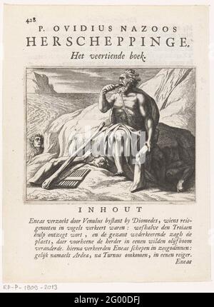 Saturno divora i suoi figli; Erchepinge di Publio Ovidio naso. Pagina da un libro con testo sul recto e sul verso, e un'immagine all'inizio del libro 14. Su una roccia al mare, Saturno sta mangiando le membra del suo figlio tritato. L'altro figlio si è nascosto dietro la roccia e sembra spaventato da suo padre. Foto Stock