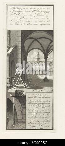 Dimostrazione delle spruzzatrici da surf sul cortile della mostra ad Amsterdam, ca. 1670-1680; immagine del luogo adatto per l'esercizio di annearlyksche degli spuiti di fuoco di tubo (...). Dimostrazione dell'uso dell'irrorazione antincendio del tubo mediante gonfiaggio dell'acqua e spruzzatura sulla torre dell'esposizione (circa 1670-1680). Nella didascalia la dichiarazione delle lettere A-D in olandese. Una seconda piastra con testo è stampata sopra la piastra. Piatto 23 nella ristampa del libro Fire spa di Jan van der Heyden del 1735. Foto Stock