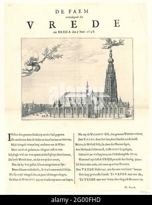 Proclamazione della Pace di Munster a Breda, 1648; il FAEM proclamò la pace a Breda den 5 Iunii 1648. Assegnazione della Pace Munster a Breda, 5 giugno 1648. Vista del Onze-lieve-Vrouwekerk o Grote Kerk in Breda. Sopra la torre della chiesa la fama proclama la pace, lasciata una mano dalle nuvole con un ramo di ulivo. Sotto la mostra un verso olandese circa due colonne. Foto Stock