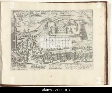 Castello di Westerlo conquistato da Mansfeld, 1583; Who Westerloo in Brabant von den Malcontent Erobert und Ensours Ao. DNI. 1583 5. JOUNIJ; Serie 9: Eventi olandesi e tedeschi, 1583-1587. Il castello di Westerlo a Breda è stato ucciso dall'esercito del conte di Mansfeld, il 5 giugno 1583. Con didascalia di 12 regole in tedesco e 6 regole in francese. Numerato: 58. Foto Stock