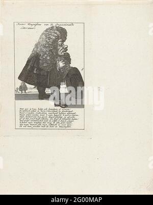 Caricatura dei nani e del commercio del vento, 1720; Rettore magnificus della letteratura inapplicata; la grande scena della follia. Nana vestito decentemente con una grande parrucca, il cappello in mano. Caricatura di figure nel commercio del vento, con un riferimento nella didascalia a Vianen. Numerato 6. Stampato da un grande album al quale sono incise tutte e quattro le performance numerate 5-8. Copy to Print 29/6 nella serie la grande scena di stoltezza con stampe di cartring al mercato del vento 1820. Foto Stock