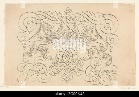 Esempio di scrittura costituito da ricci; Exemplaer Boeck. Interessanti scritti d'Alder-Gebruyckelyckest. Uno scudo ovale con l'iscrizione vive la Plume, tenuto da due leoni. Foglio di serie costituito da una pagina del titolo e 15 lame con esempi di calligrafia. Foto Stock