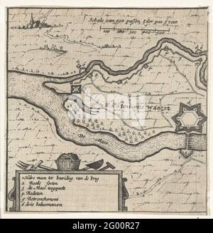 Mappa di Stevensweert, 1631-1632; F. Stevenswaert. Mappa del forte a Stevensweert. Con legenda 1-6. Parte di un gruppo di mappe di città, forti e dighe in Brabante conquistate dall'esercito statale sotto Frederik Hendrik negli anni 1631-1632. Foto Stock