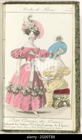 Petit Courrier des Ladies, 20 marzo 1830, n. 709: Barret e sguardo Dona Maria .... donna in piedi vestito di crepe decorato con nastri. Beret da 'sguardo Dona Maria' (mesh). Ripiegamento ruotare in mano. Cinghia allungata con slips appese. Figura, vista sul retro, nello stesso vestito, seduta su un taboret. Stampa dalla rivista di moda Petit Courier des Ladies (1821-1868). Rilegatura (con alcune pagine. Le Journal des Laden et des Modes). Dal 15 gennaio 1827 al 20 marzo 1830. Incompleto. Foto Stock