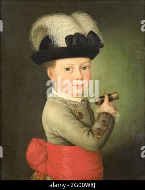 William George Frederick, principe di Orange-Nassau, come bambino. Ritratto di Willem George Frederik (1774-99), principe di Orange-Nassau, da bambino. La sua metà verso destra, nella mano destra un binocolo, sulla testa un cappello con pennarello bianco. Pendente di SK-A-1476. Foto Stock