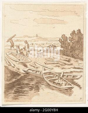Barche a remi. Tre barche vuote si trovano lungo la riva a un reclutamento. Due uomini parlano con una delle barche, un terzo uomo porta un pezzo di legno sulla schiena e si allontana. Ci sono due barili di legno in una delle barche. Foto Stock