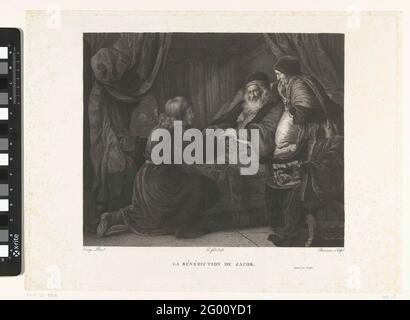 Isacco benedisse Giacobbe; la Bénédiction de Jacob. Isaak è a letto e benedetto Giacobbe. Giacobbe si inginocchia davanti al letto e mette le mani nelle mani di Isaak. Oltre al letto, Rebekka sta spingendo i cuscini in Sansac. Un uomo con un personale può essere visto attraverso uno scorcio nella sala (forse Esau che sta andando a caccia di Isaac?). Foto Stock