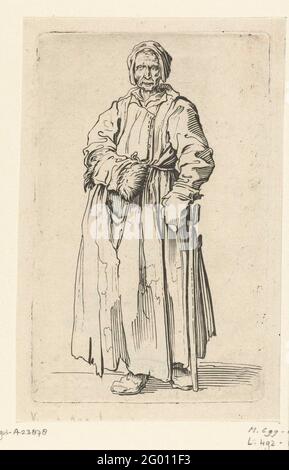 Beggares con una manica e un bastone; Les Gueux / Les Mendiants / Les Baroni / Les Barons; Beggars. Donna vestita in stracci, vista dalla parte anteriore, cieca, mano destra in una manica, con la mano sinistra poggiata su un bastone. Questa stampa fa parte di una serie di 25 (?) Stampe con mendicanti e vagabondatori, come Callot che probabilmente ha visto in Italia. Foto Stock