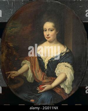 Judith Allijn (D 1702), moglie o Harmen LijnSlager. Ritratto di Judith Allijn, moglie di Harmen LijnSlager. Ginocchiera ovale, seduta ad una fontana con un arancione nella mano sinistra. Pendente di SK-C-1546. Foto Stock