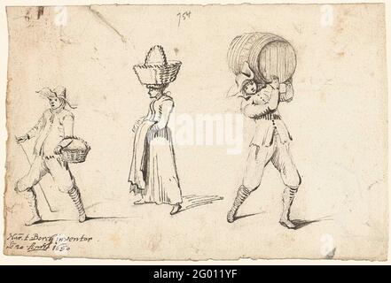 Due running e una donna che indossa oggetti. Foglio di studio con tre figure di corsa, un uomo con un cesto sul braccio, una donna con un cesto sulla testa e un uomo che indossa una tonnellata. Foto Stock