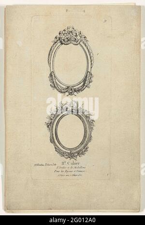 Due cornici ovali; IIe. Cahier d'ovales et de medallions pour les bijoux et voitures; disegni ornamentali per gioielli e carrozze. Sopra un telaio ovale con ghirlande. Sotto una cornice ovale con rose, colombe di tartarughe e strumenti musicali. Stampa ornamentale dalla Serie B. Foto Stock