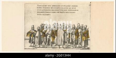 Gruppo di musicisti, n. 2; processione funeraria dell'imperatore Carlo V, 1558. Gruppo di musicisti con trombe con bandiere e due dromer. Parte della stampante della processione funebre dell'imperatore Carlo V il 29 dicembre 1558 a Bruxelles. Foto Stock