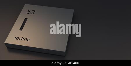 Elementi di iodio su tavola periodica illustrazione 3d. Foto Stock