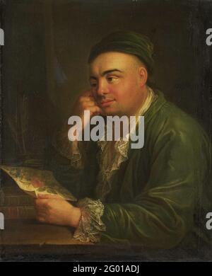 Un uomo con un disegno di fiori, il cosiddetto Ritratto di Jacob Feestama Jr, mercante ad Amsterdam. Ritratto di un uomo in una vestaglia, halvened, seduto ad un tavolo con un disegno di fiori in mano. Ci sono libri e uno squat sul tavolo. Il cosiddetto Jacob Feestama Jr (1698-1774), mercante di Amsterdam. Pendente del ritratto di sua moglie (1727) Susanna di Collen SK-A-3220. Foto Stock